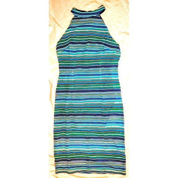 NWT London Times Crochet Dress Midi Length Size 16 Blue Stripes Halter - Picture 1 of 10